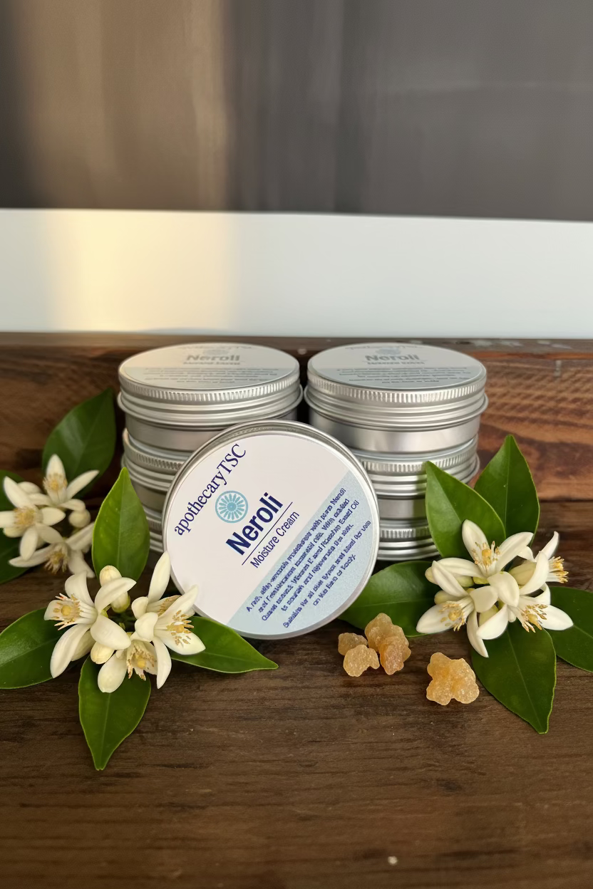 Silver tins of neroli and frankincense moisturiser with a label on a wooden surface with flowers and leaves.