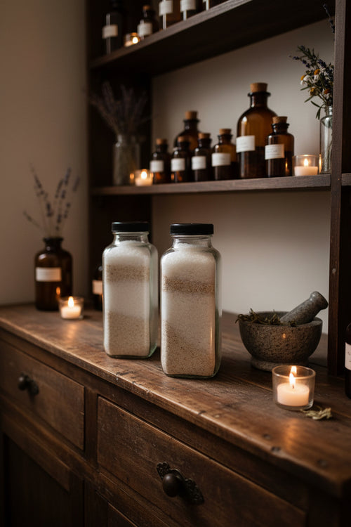 two glass bottles with colloidal oatmeal and epsom salts