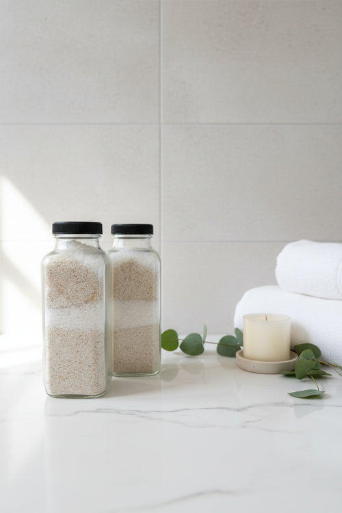 two glass bottles filled with colloidal oatmeal and epsom salts